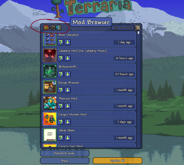Terrariaゲーム内のMod Browser